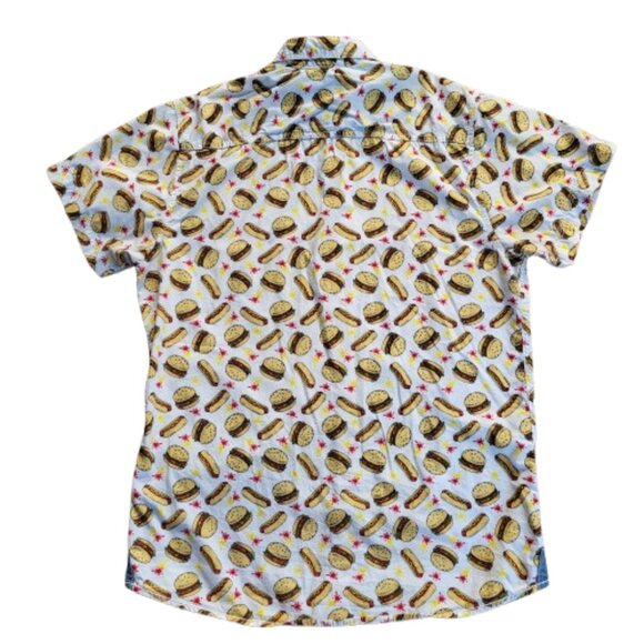 Good Vibes Hamburger & Hotdog Print Button-Up Shirt Retro Food Graphic - Size M - Picture 3 of 15